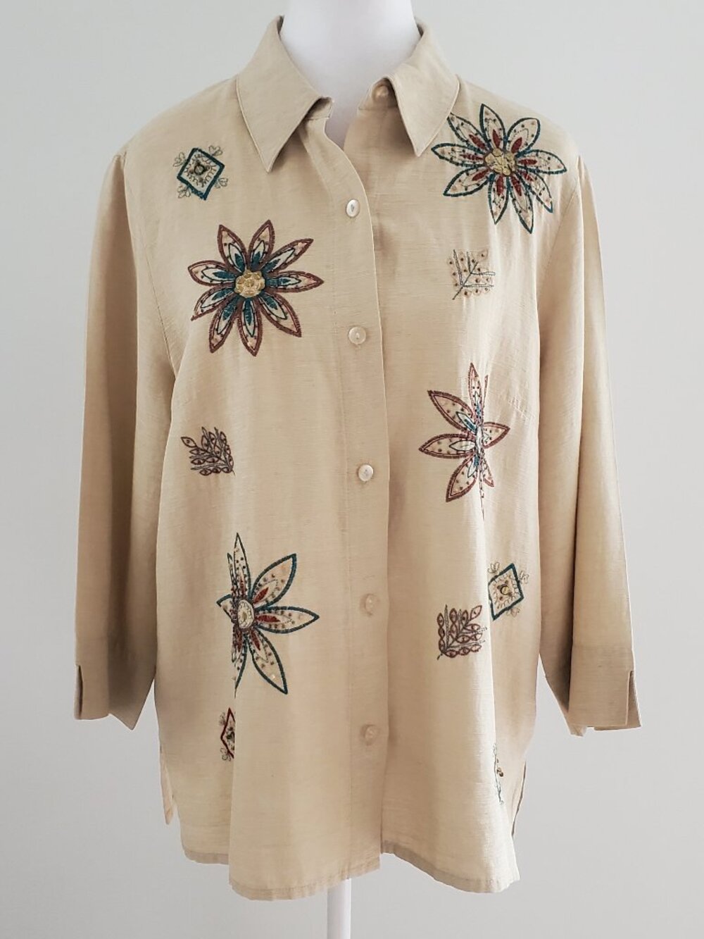 ALFRED DUNNER 100% SILK Women's Floral Blouse Embroidered Button down 3/4 Sleeve